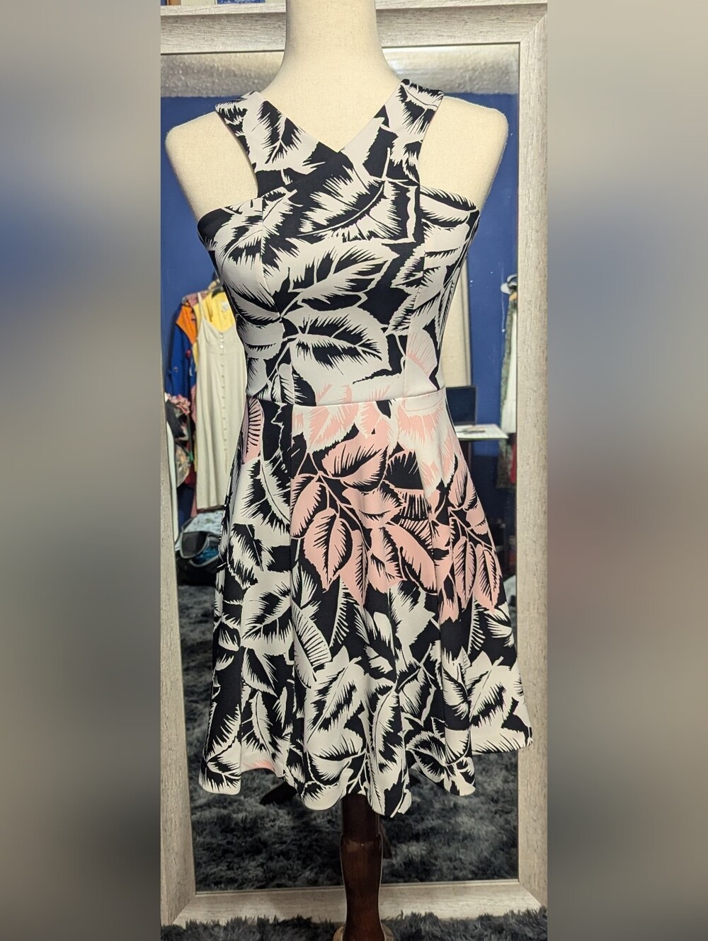 Express Black, White & Pink Leaf-Print Midi Dress